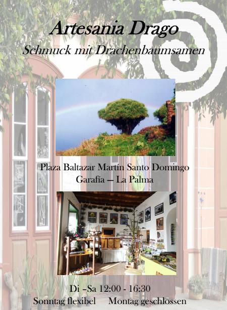 Flyer des Kunsthandwerk-Geschäftes Artesania Drago in Santo Domingo auf La Palma