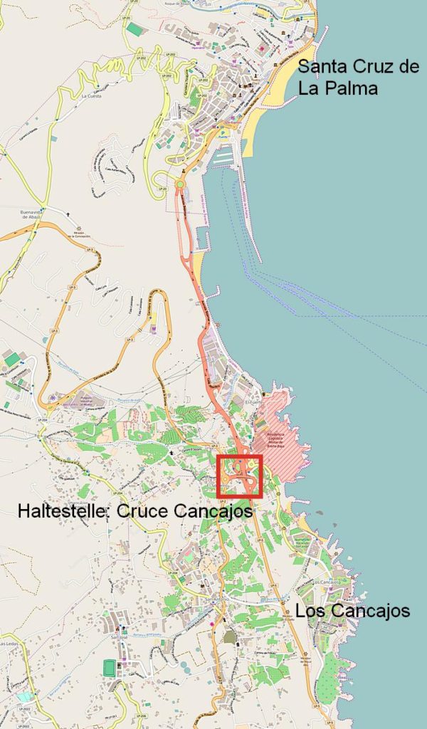 Karte zur Übersicht mit Lage von Santa Cruz de La Palma, der Haltestelle Cruce Cancajos und dem Ort Los Cancajos