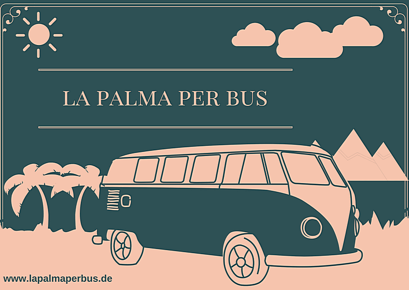 Grafik: Bus, Sonne, Wolken mit Text La Palma per Bus